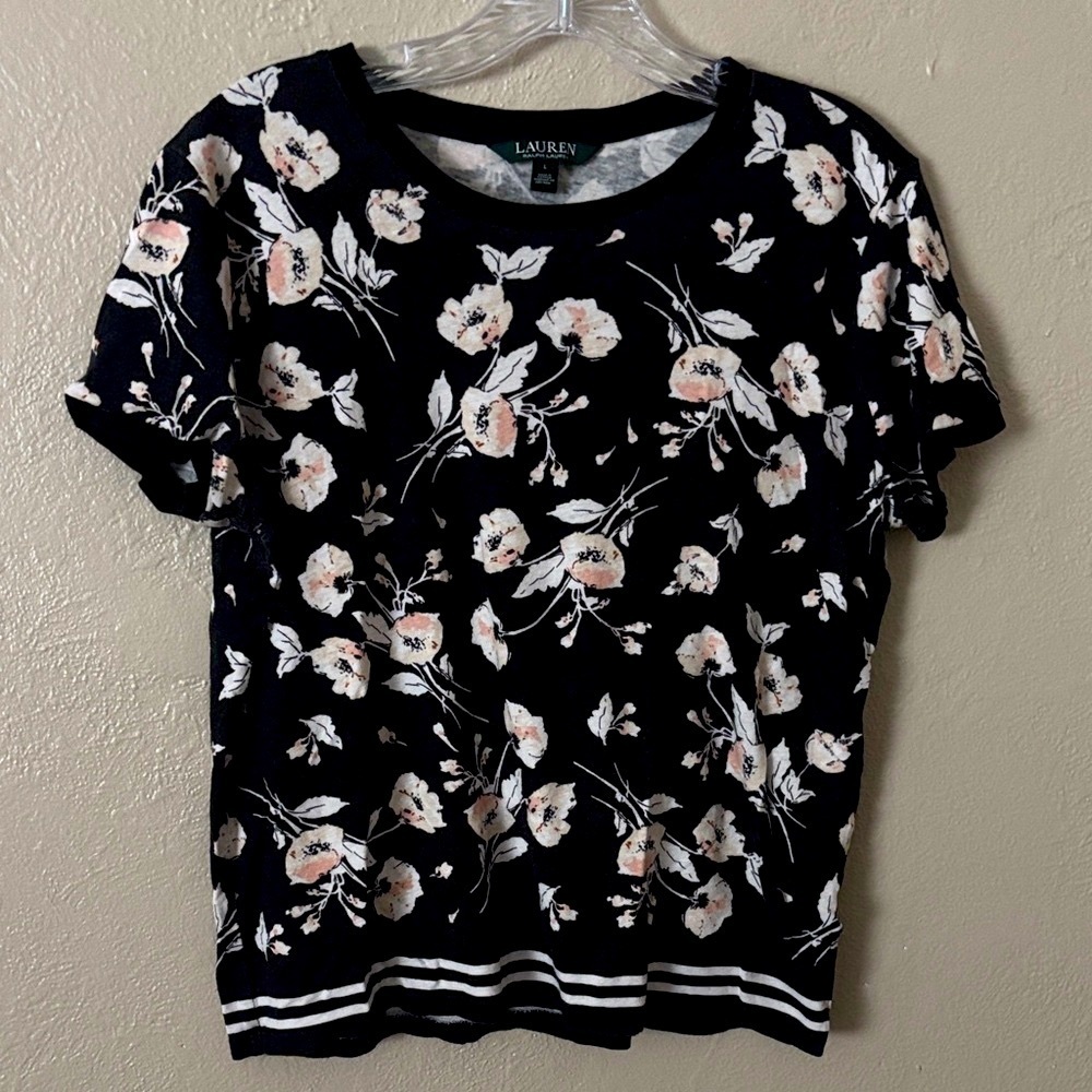 Lauren Ralph Lauren Floral Short Sleeve Top, Large, Black